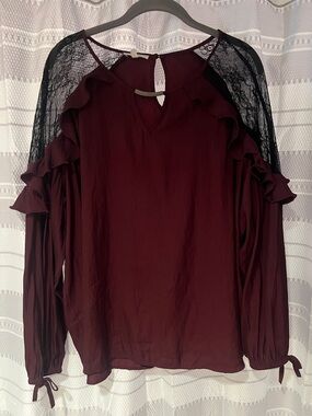 Maurices Burgundy Blouse with Black Lace Shoulders